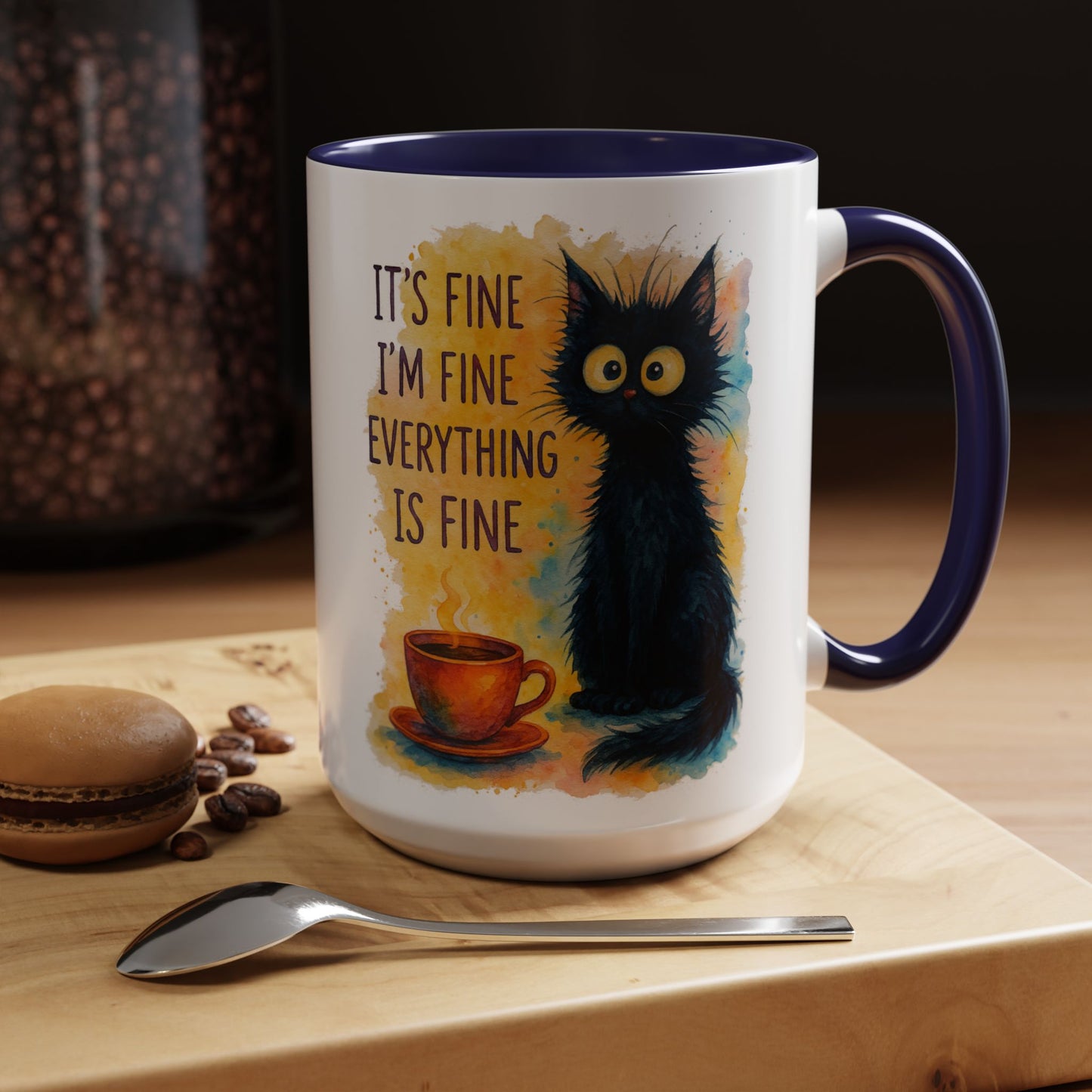 Whimsical Cat Accent Coffee Mug - 'It's Fine, I'm Fine, Everything is Fine'