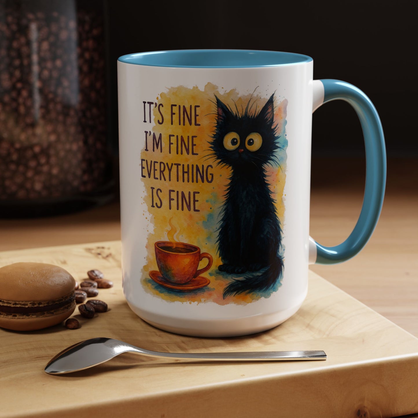 Whimsical Cat Accent Coffee Mug - 'It's Fine, I'm Fine, Everything is Fine'