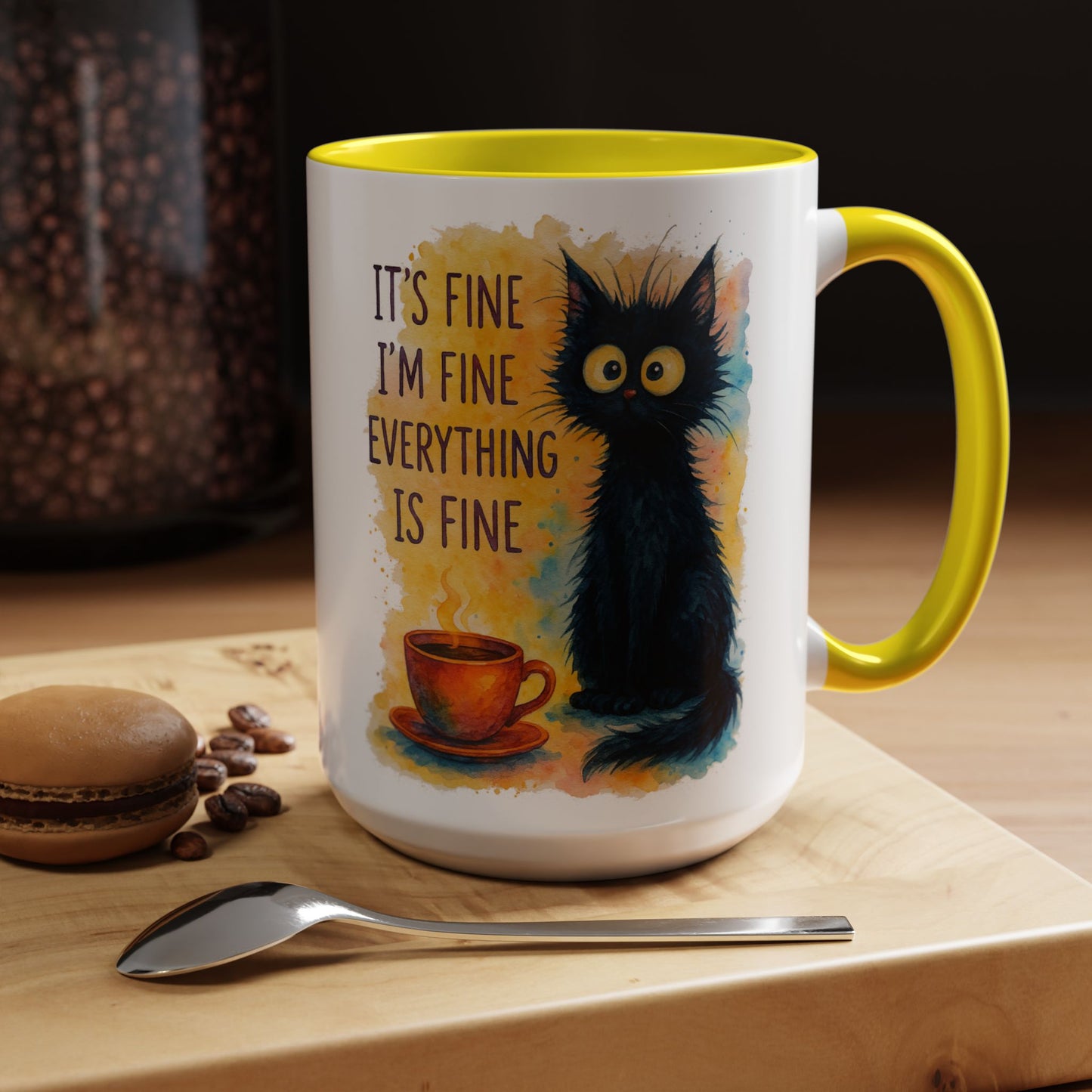 Whimsical Cat Accent Coffee Mug - 'It's Fine, I'm Fine, Everything is Fine'