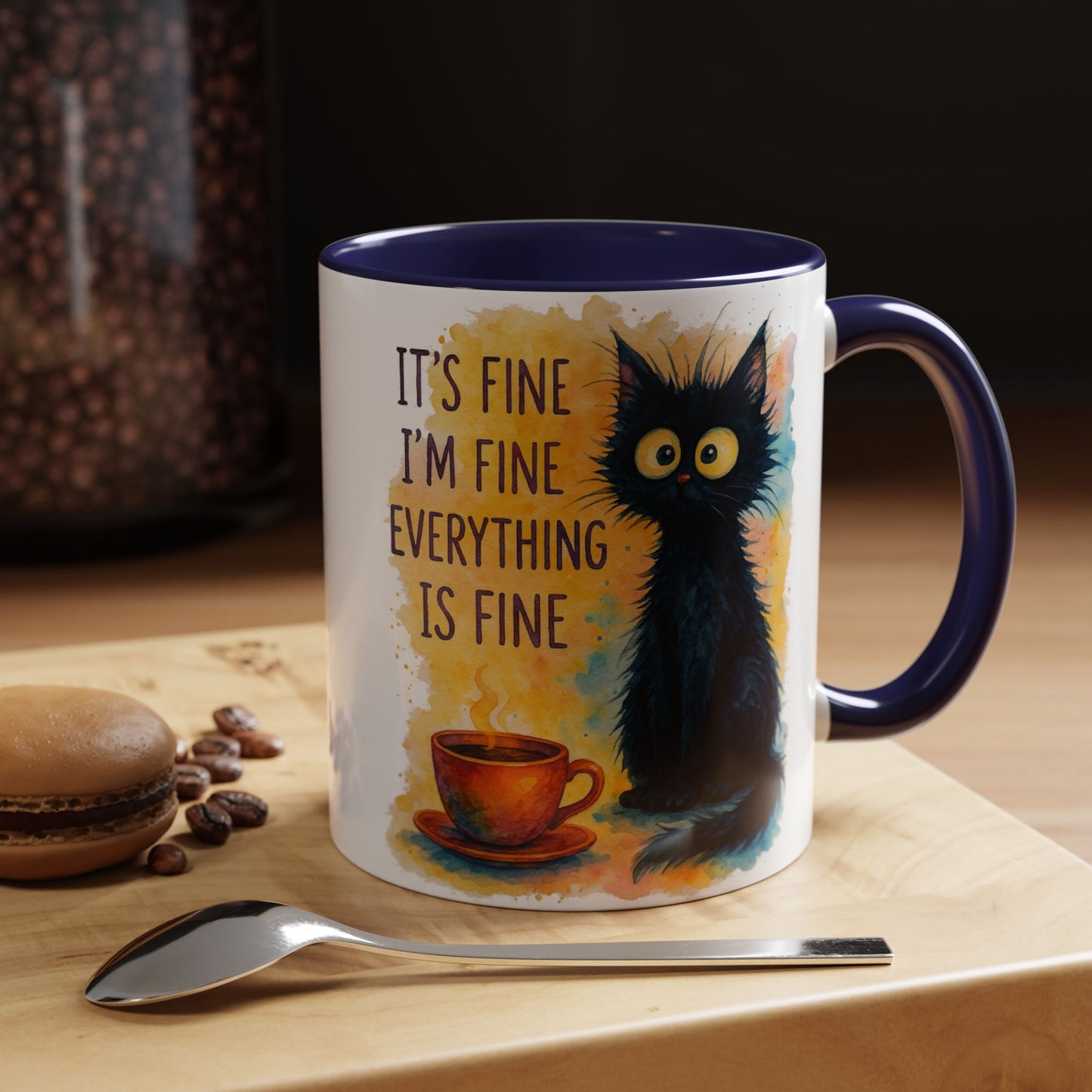 Whimsical Cat Accent Coffee Mug - 'It's Fine, I'm Fine, Everything is Fine'