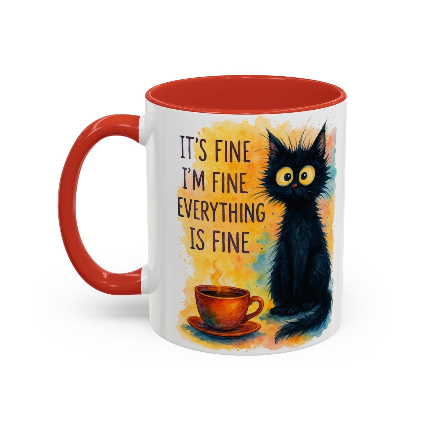 Whimsical Cat Accent Coffee Mug - 'It's Fine, I'm Fine, Everything is Fine'
