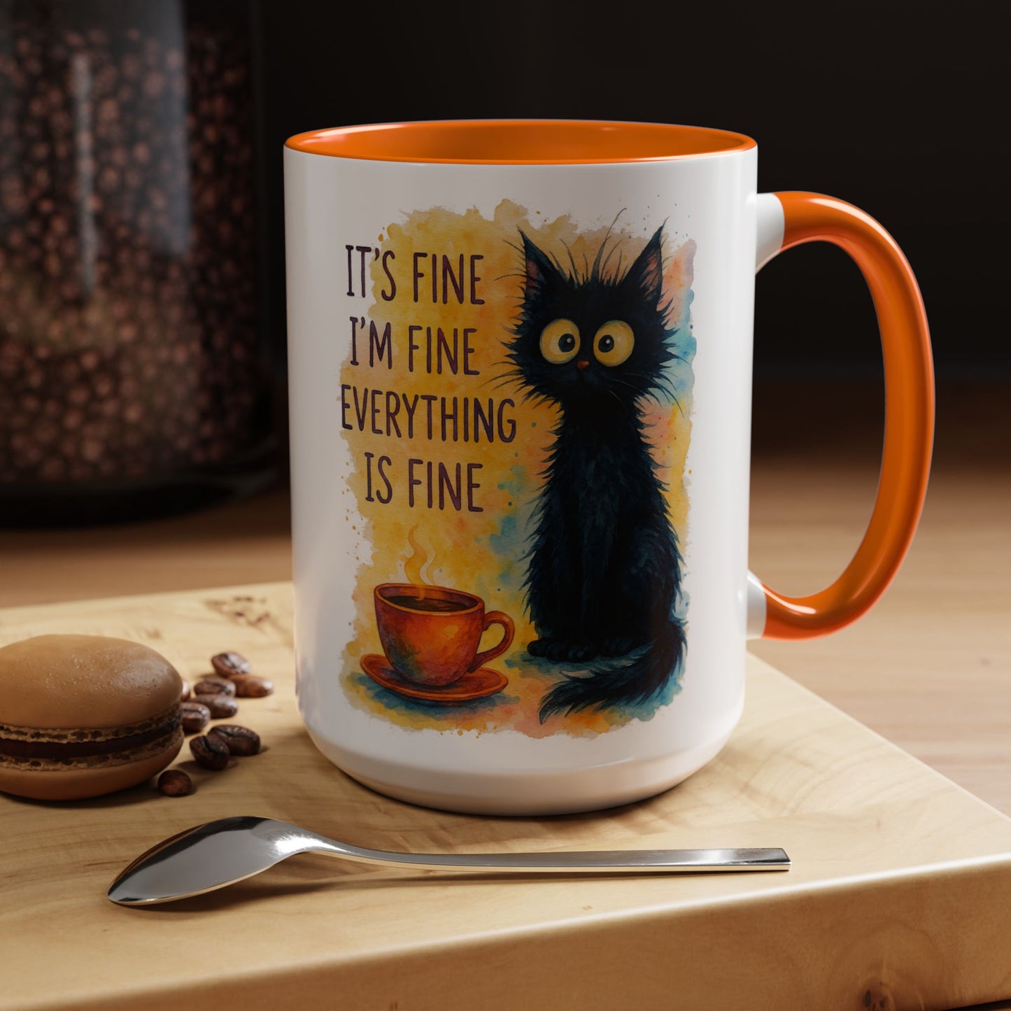 Whimsical Cat Accent Coffee Mug - 'It's Fine, I'm Fine, Everything is Fine'