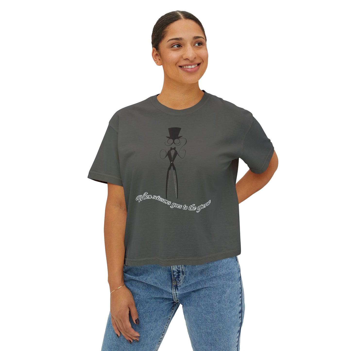 Stylish Women's Boxy Tee with Elegantly Dressed Graphic - Scissors design T-shirt