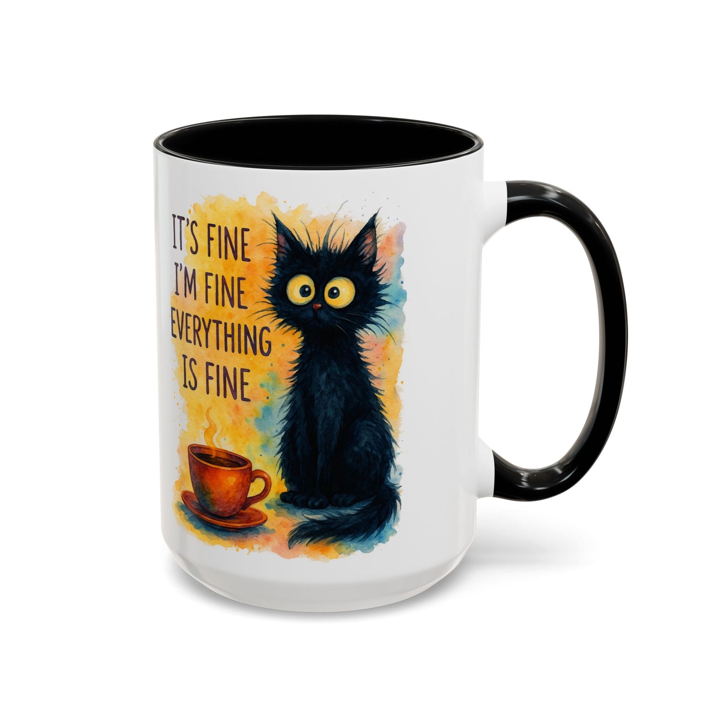 Whimsical Cat Accent Coffee Mug - 'It's Fine, I'm Fine, Everything is Fine'