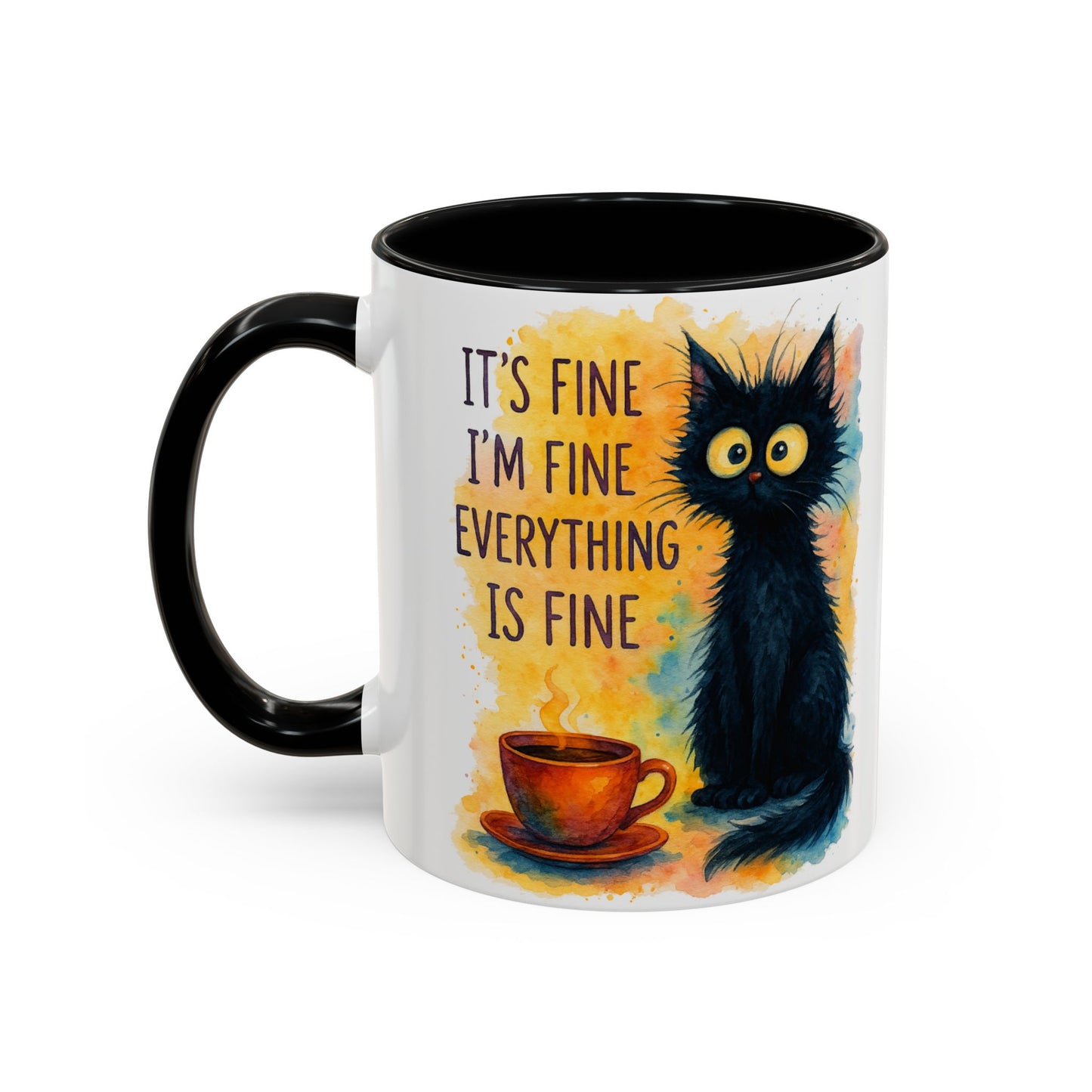 Whimsical Cat Accent Coffee Mug - 'It's Fine, I'm Fine, Everything is Fine'