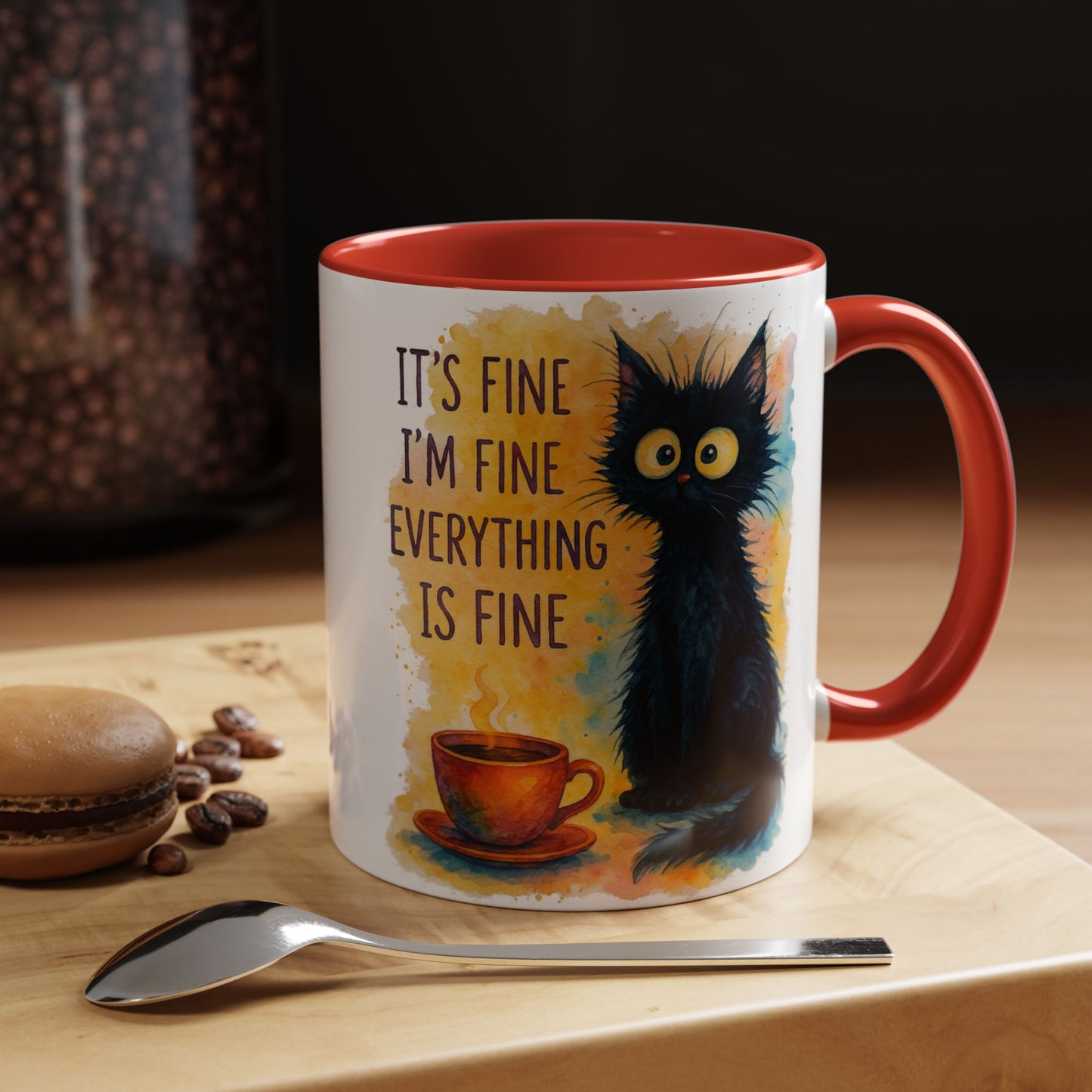 Whimsical Cat Accent Coffee Mug - 'It's Fine, I'm Fine, Everything is Fine'