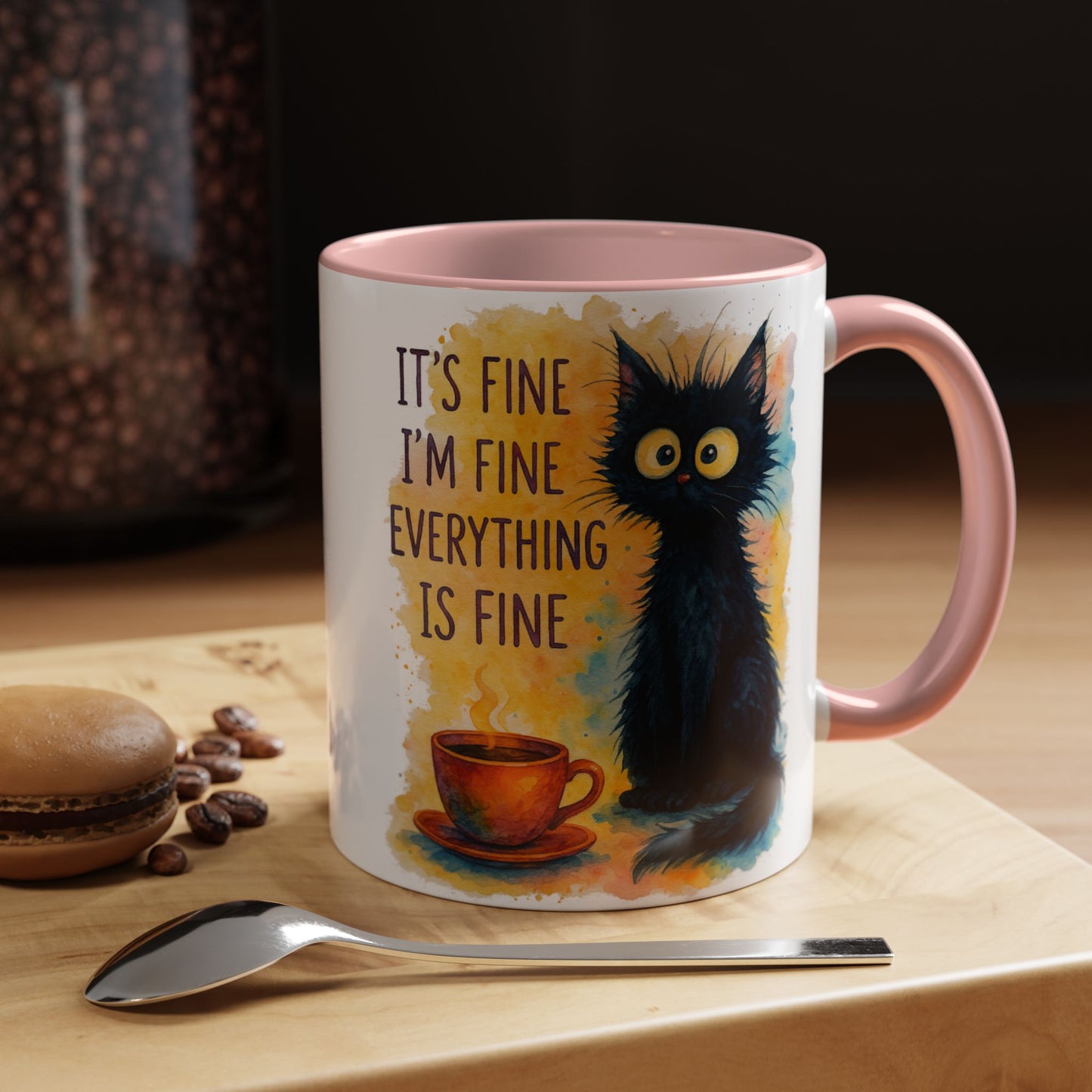 Whimsical Cat Accent Coffee Mug - 'It's Fine, I'm Fine, Everything is Fine'