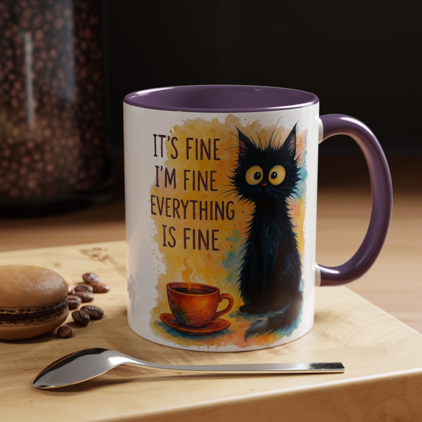 Whimsical Cat Accent Coffee Mug - 'It's Fine, I'm Fine, Everything is Fine'
