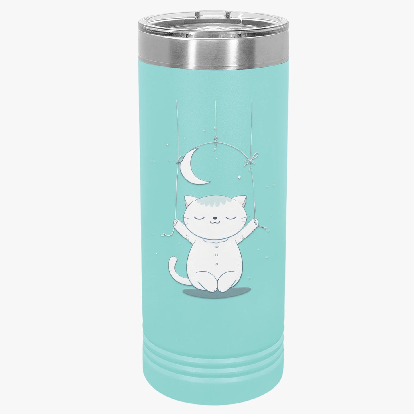 Moonlight Meow Skinny Tumbler, 22oz - Cute Cartoon Cat Hanging from Moon Design Tumbler