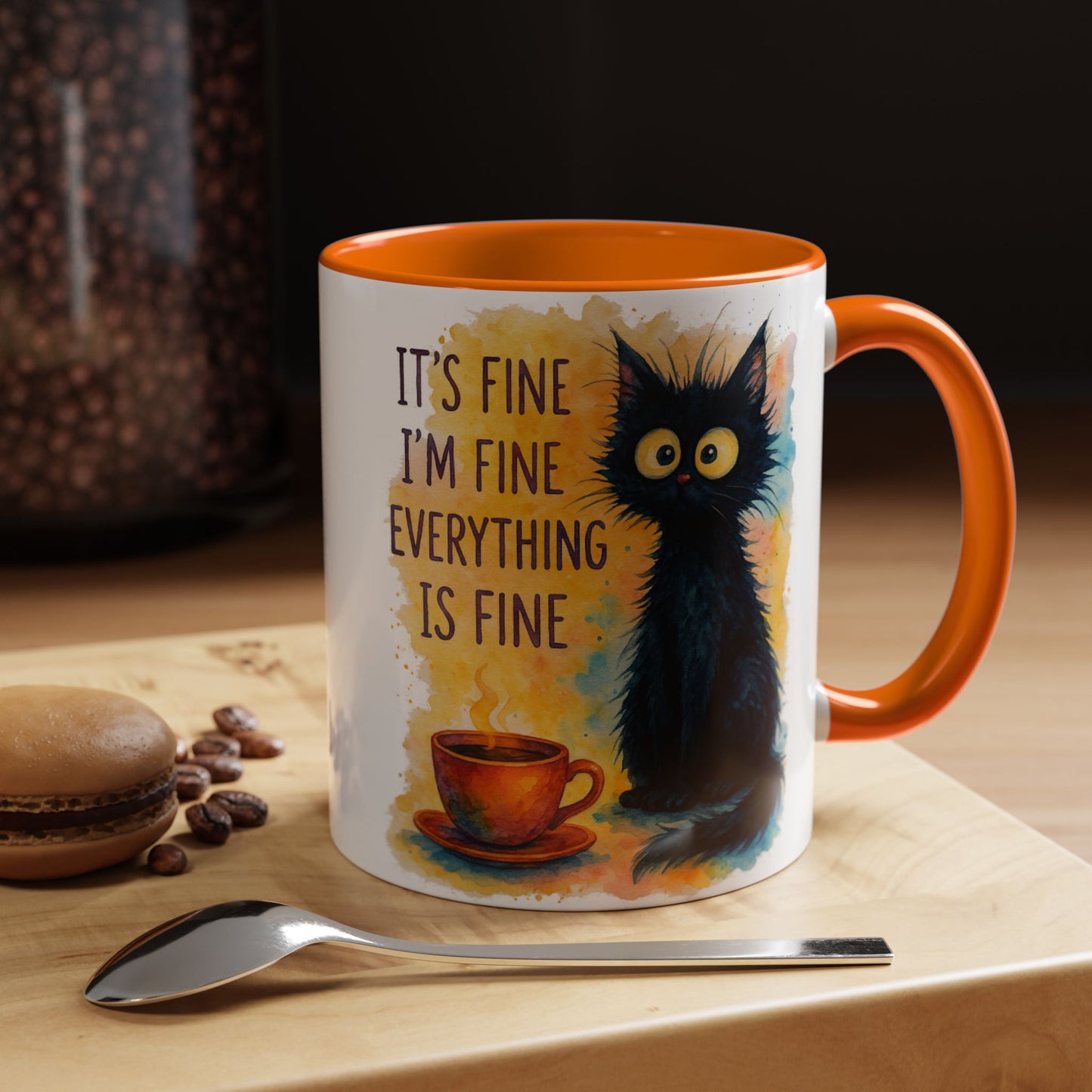 Whimsical Cat Accent Coffee Mug - 'It's Fine, I'm Fine, Everything is Fine'