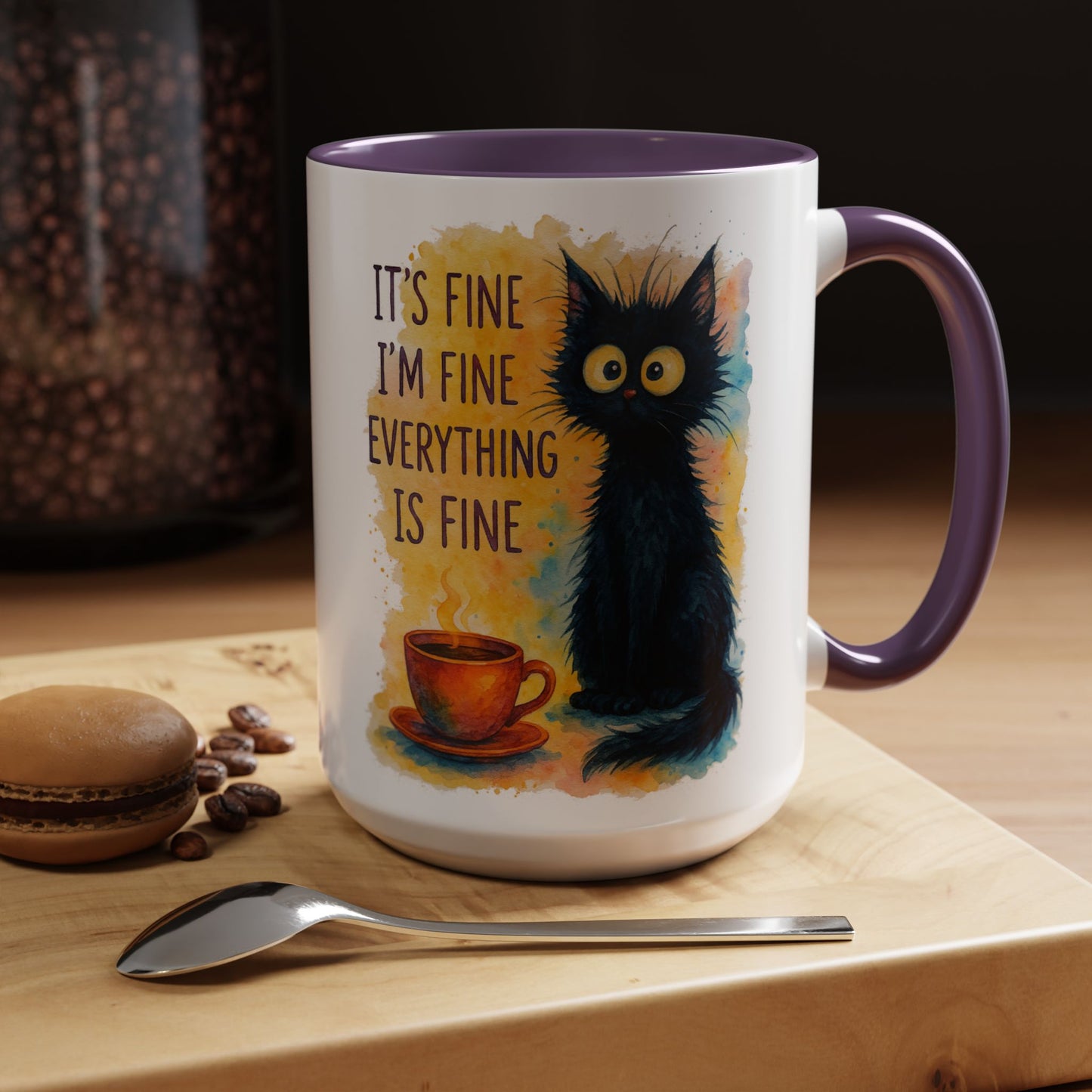 Whimsical Cat Accent Coffee Mug - 'It's Fine, I'm Fine, Everything is Fine'