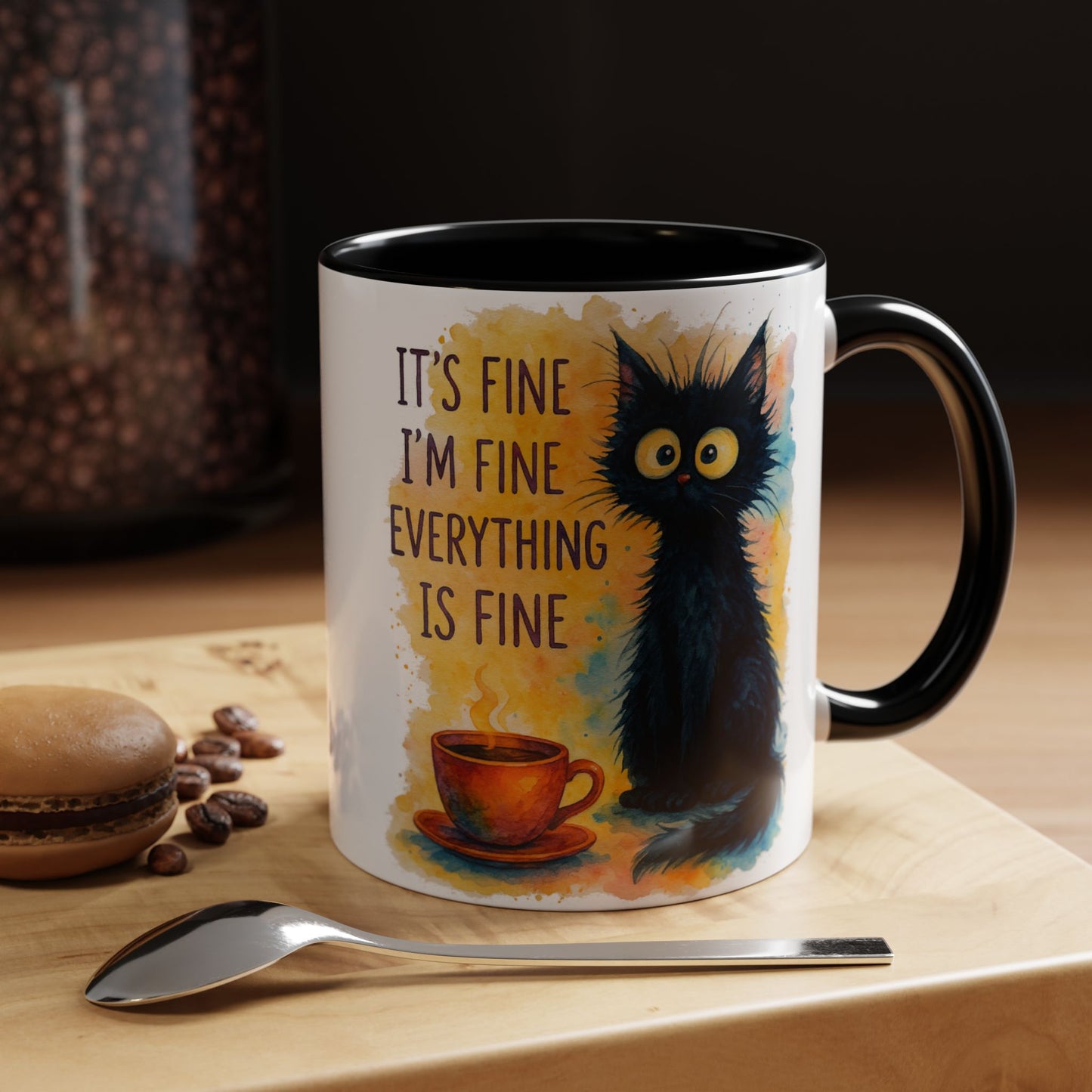 Whimsical Cat Accent Coffee Mug - 'It's Fine, I'm Fine, Everything is Fine'