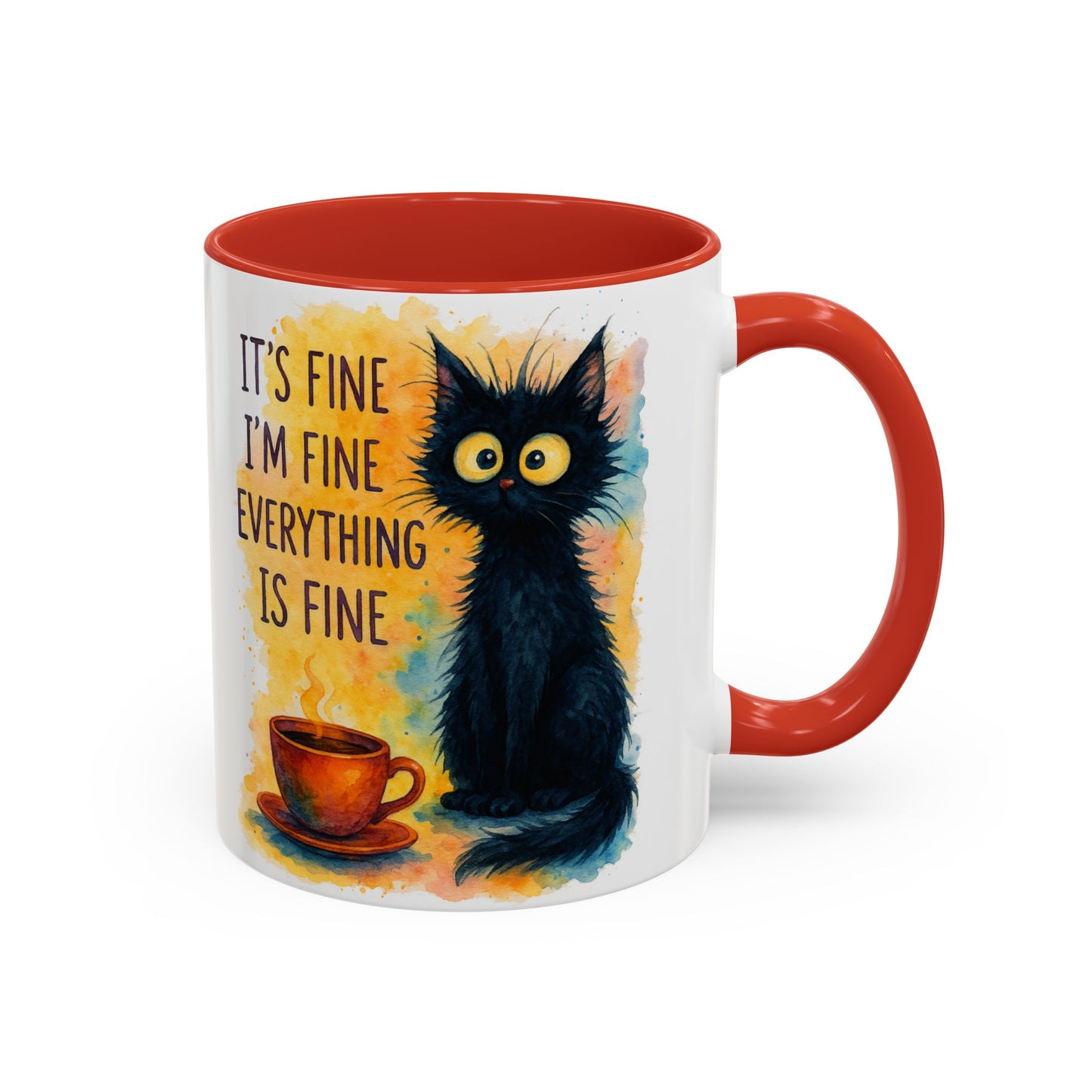 Whimsical Cat Accent Coffee Mug - 'It's Fine, I'm Fine, Everything is Fine'