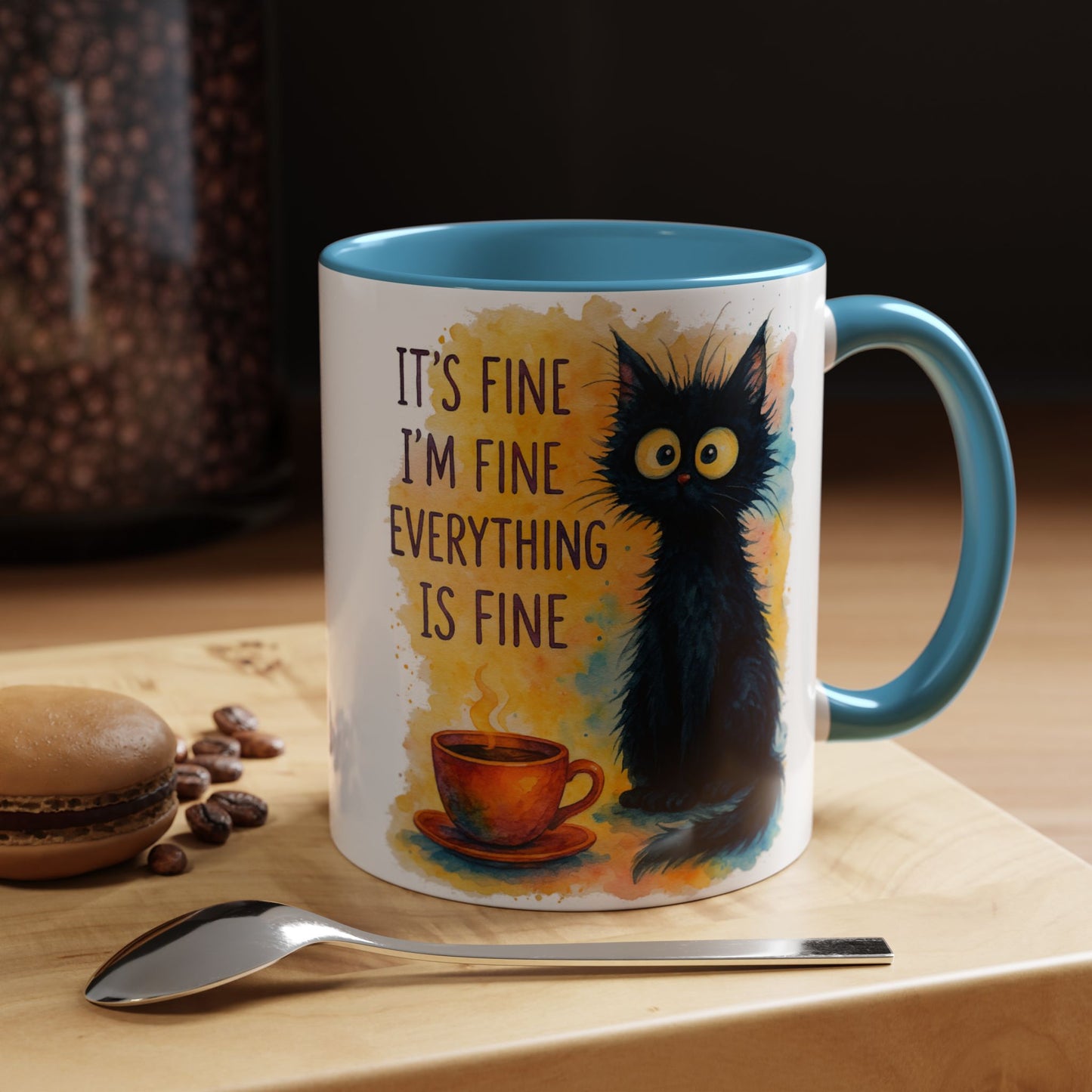 Whimsical Cat Accent Coffee Mug - 'It's Fine, I'm Fine, Everything is Fine'