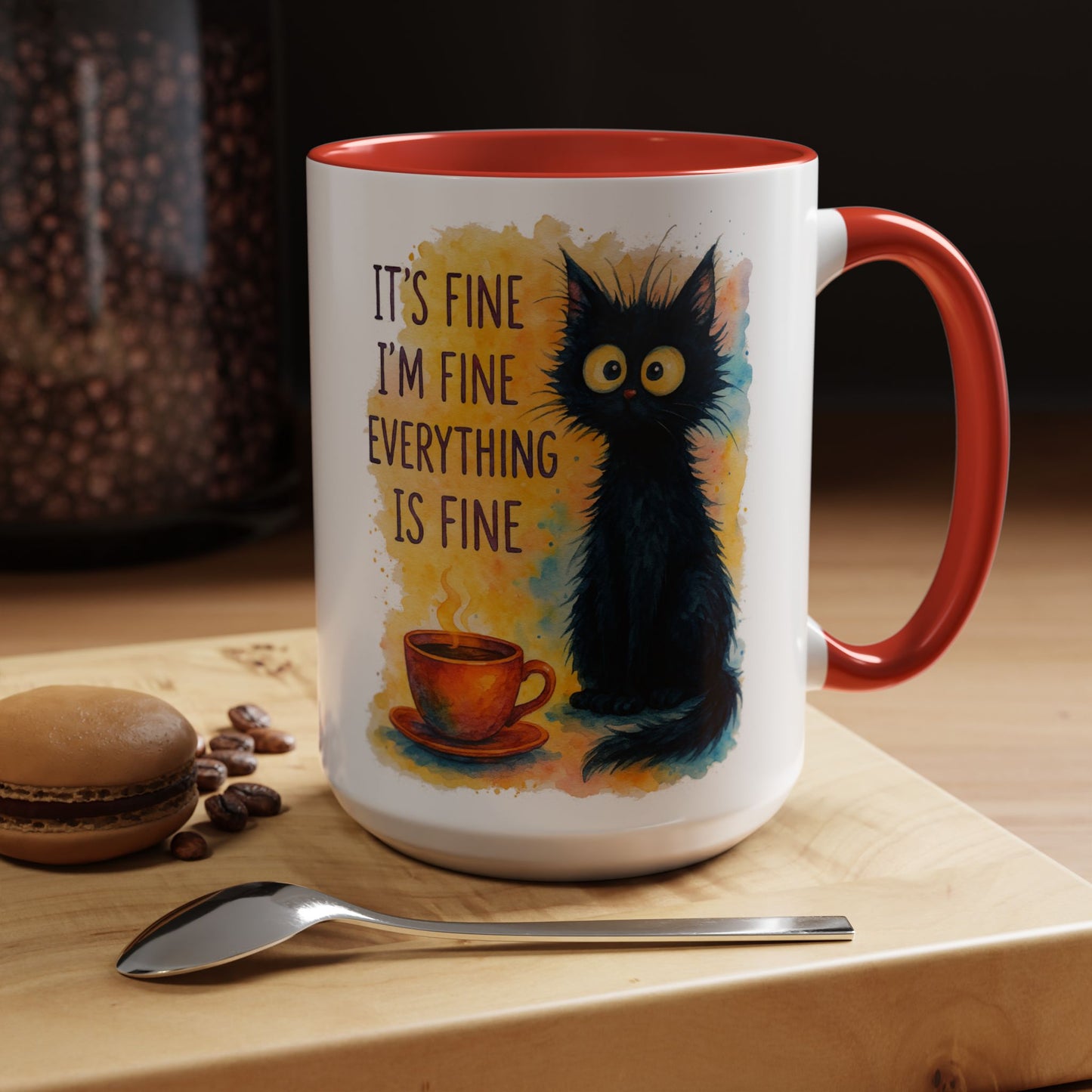 Whimsical Cat Accent Coffee Mug - 'It's Fine, I'm Fine, Everything is Fine'