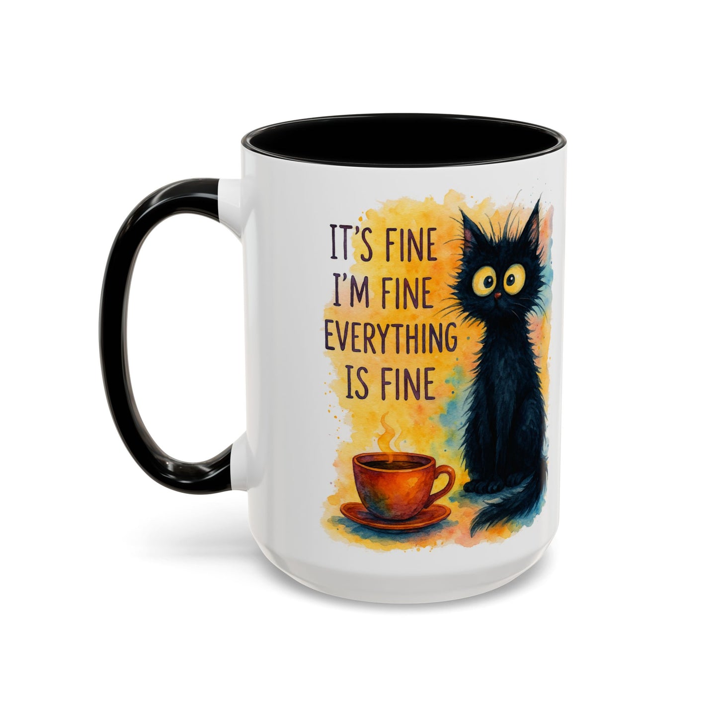 Whimsical Cat Accent Coffee Mug - 'It's Fine, I'm Fine, Everything is Fine'