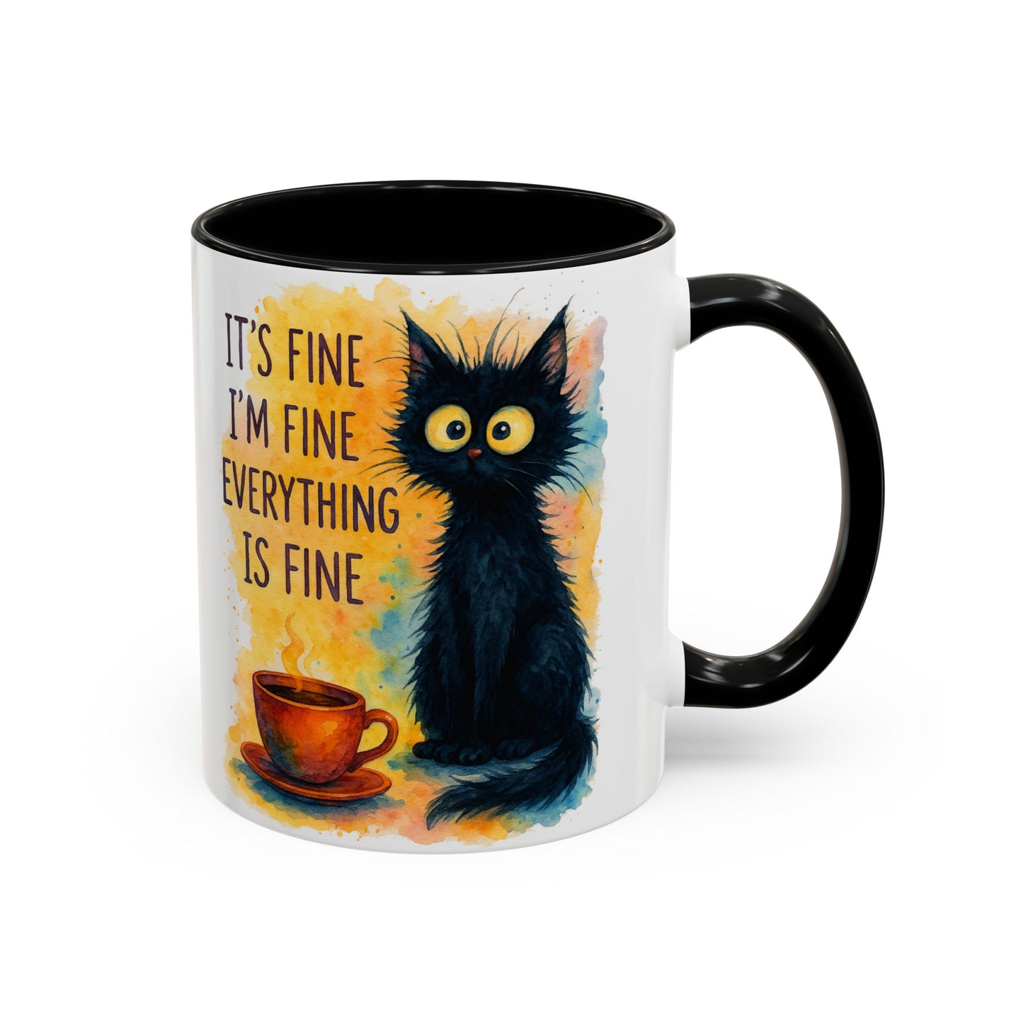 Whimsical Cat Accent Coffee Mug - 'It's Fine, I'm Fine, Everything is Fine'