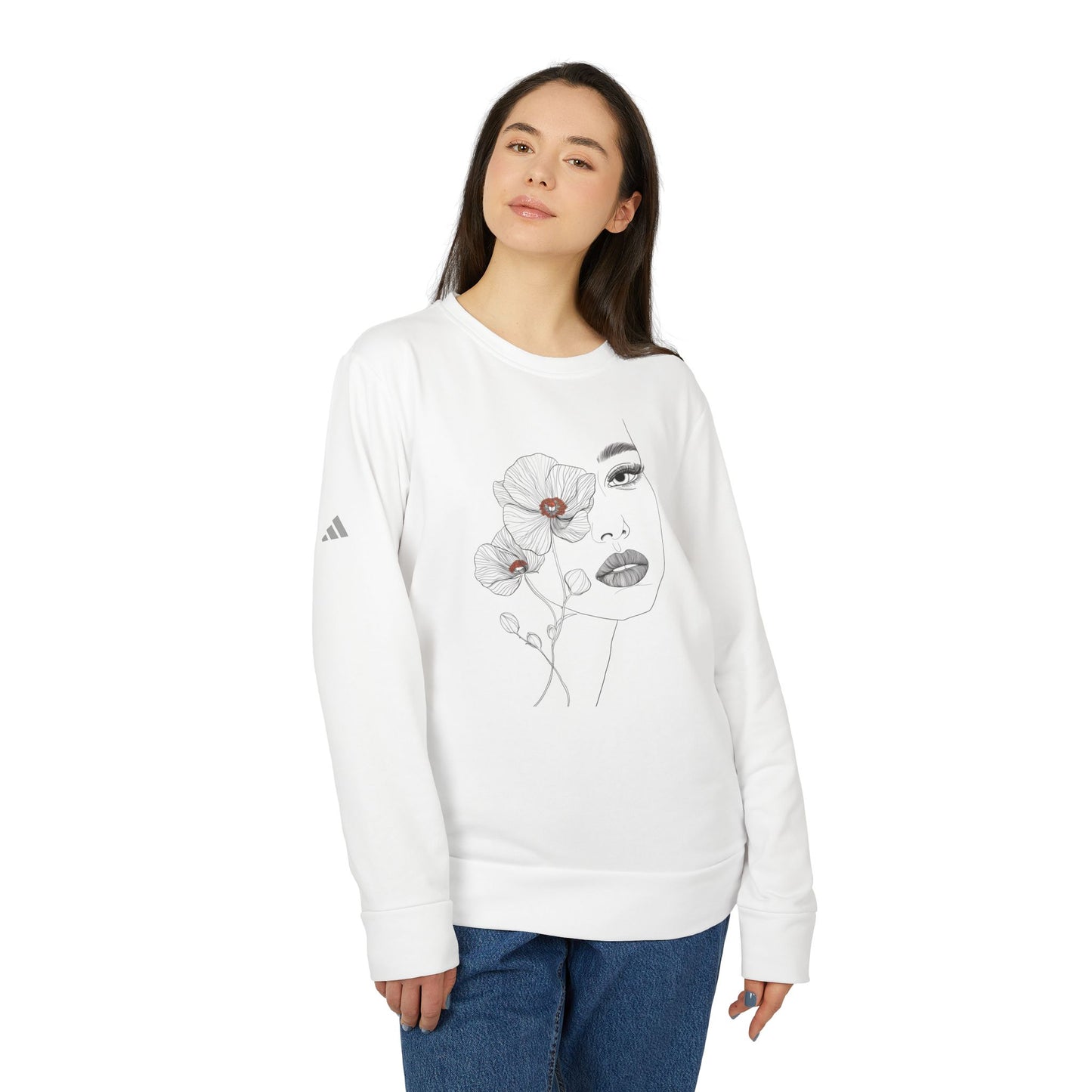 adidas Unisex Fleece Crewneck Sweatshirt - Minimalist Floral Face Line Art Design Sweatshirt