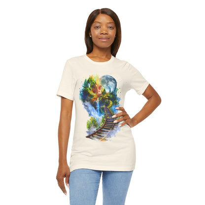 Unisex T-Shirt with 3D Watercolor Train Tracks and Enchanted Forest Design - Lightweight Fabric Tee