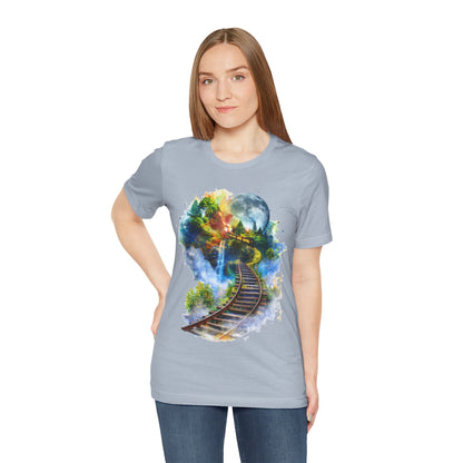 Unisex T-Shirt with 3D Watercolor Train Tracks and Enchanted Forest Design - Lightweight Fabric Tee