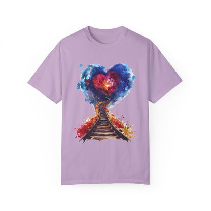Unisex Garment-Dyed T-shirt - Journey of Heart - Train Tracks Coming out from Heart