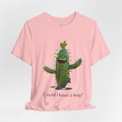 Light Colorful Smiling Cactus Plant T-shirt -  'Could I Have a Hug?' - Lightweight Fabric Tee