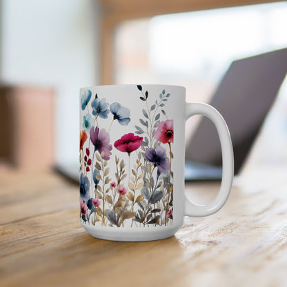 Ceramic Mug with beautiful watercolor flowers, (11oz, 15oz)