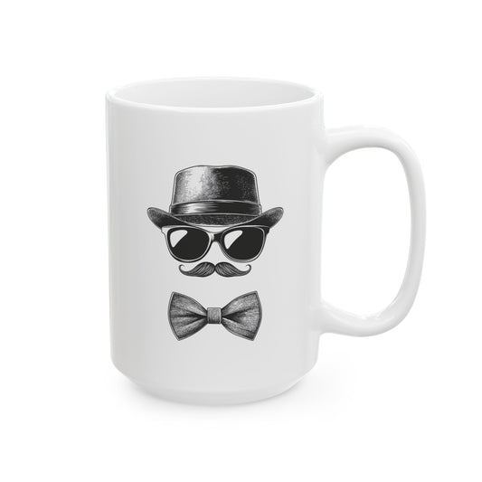 Gentleman Ceramic Mug, (11oz, 15oz) - Ceramic Mug with Black Vector Design - Sunglasses, Mustache & Bow Tie