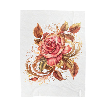 White Velveteen Plush Blanket with beautiful pink rose surrounded by swirling leaves - Paraw