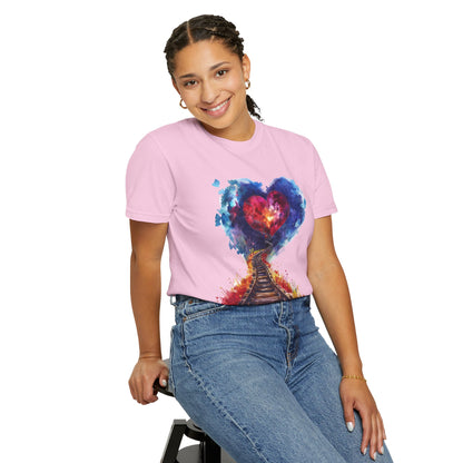 Unisex Garment-Dyed T-shirt - Journey of Heart - Train Tracks Coming out from Heart