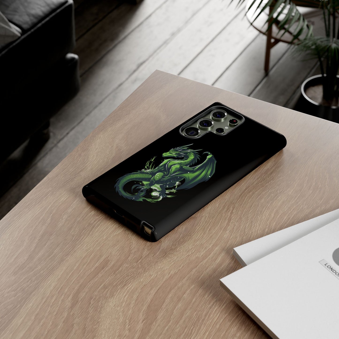 Tough Cases with Green Glowing Dragon design for iPhone, Samsung, and Google