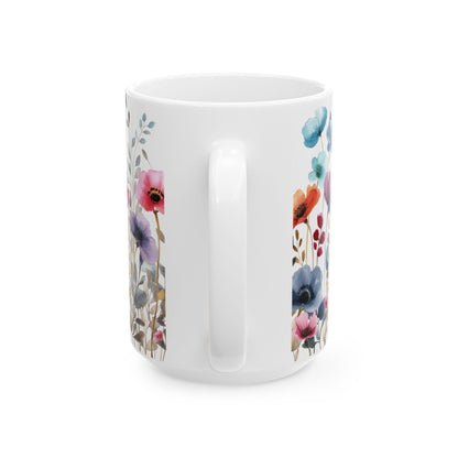 Ceramic Mug with beautiful watercolor flowers, (11oz, 15oz)