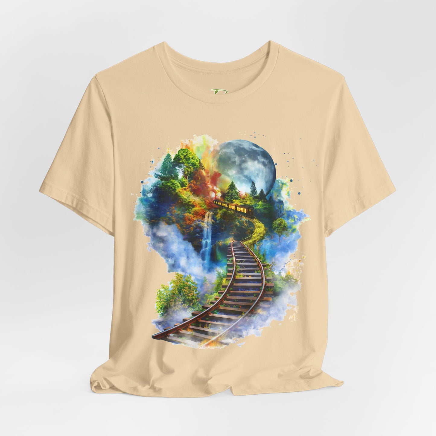 Unisex T-Shirt with 3D Watercolor Train Tracks and Enchanted Forest Design - Lightweight Fabric Tee