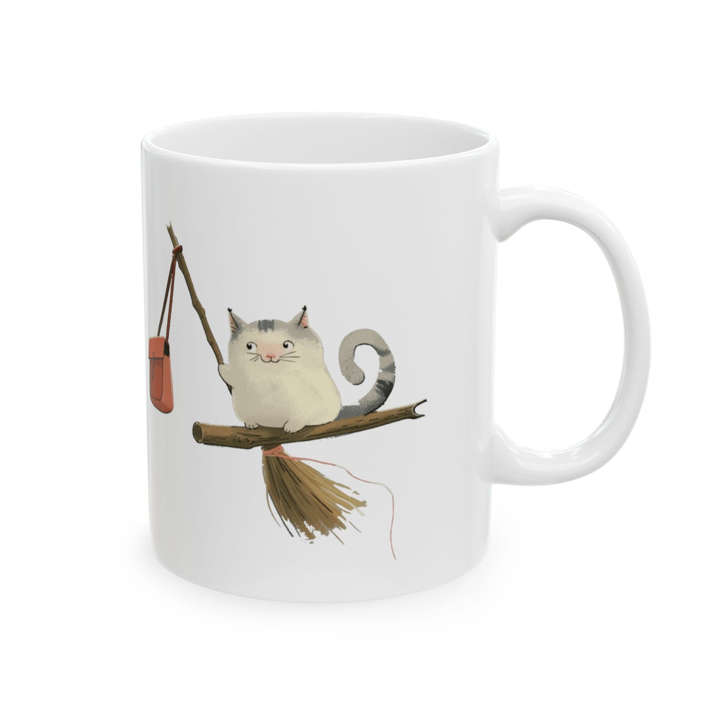 Ceramic Mug - Cute cartoon of a Cat on a witch stick, (11oz, 15oz)