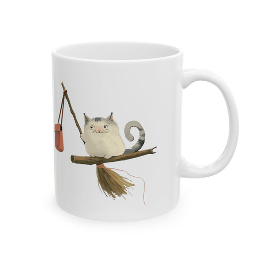 Ceramic Mug - Cute cartoon of a Cat on a witch stick, (11oz, 15oz)