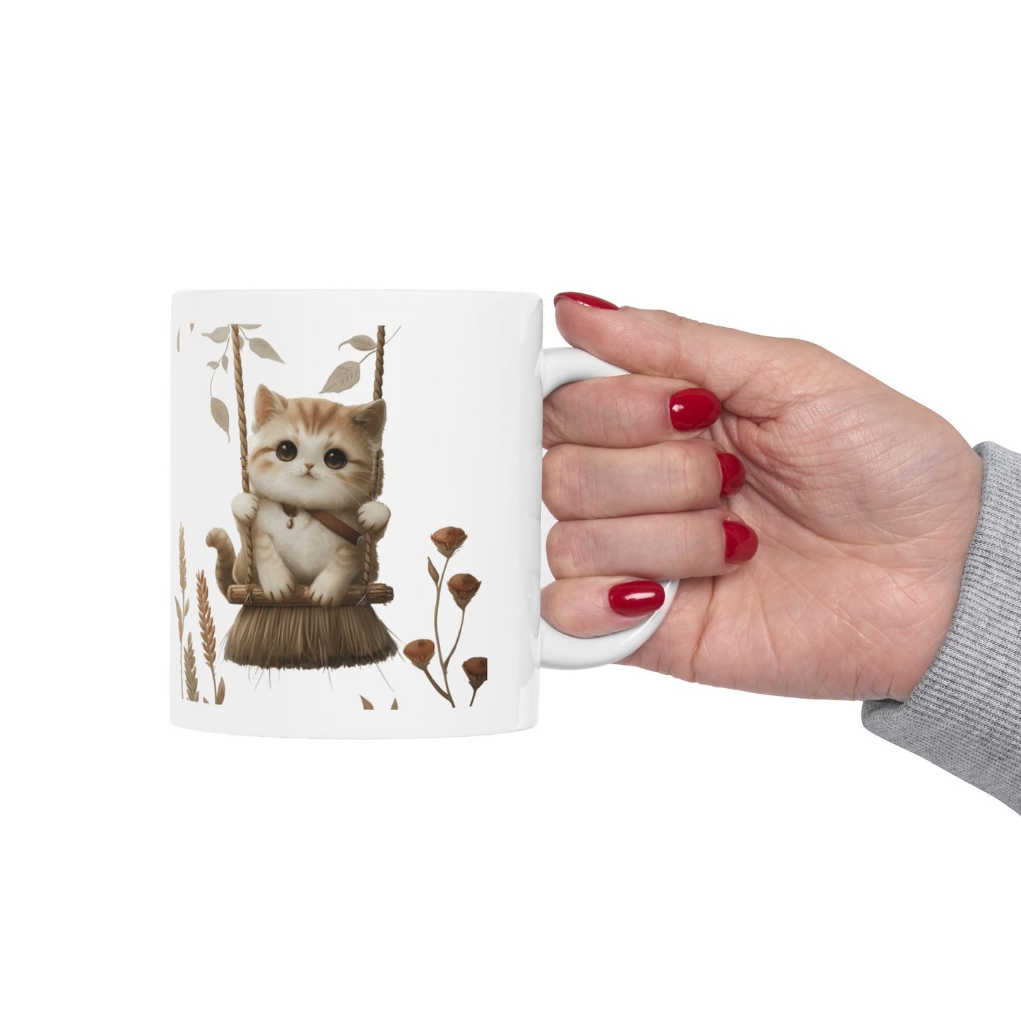 Ceramic Mug, Lovely and Playful Cat on Broomstick, (11oz, 15oz)