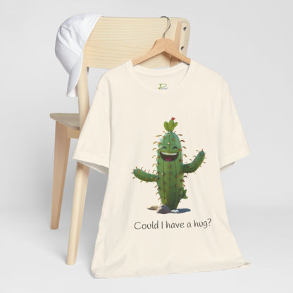 Light Colorful Smiling Cactus Plant T-shirt -  'Could I Have a Hug?' - Lightweight Fabric Tee