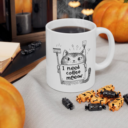 Ceramic Mug, (11oz, 15oz) - "I Need Coffee Meeow" Design with Cartoon Cat Mug