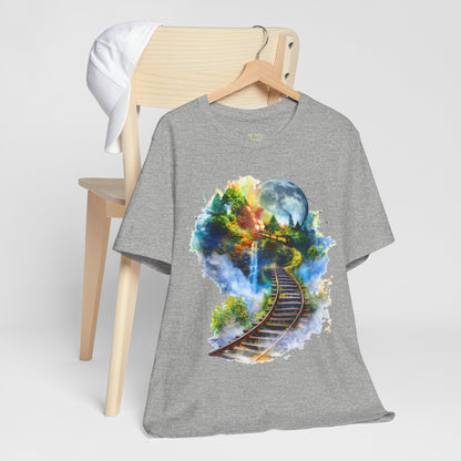 Unisex T-Shirt with 3D Watercolor Train Tracks and Enchanted Forest Design - Lightweight Fabric Tee