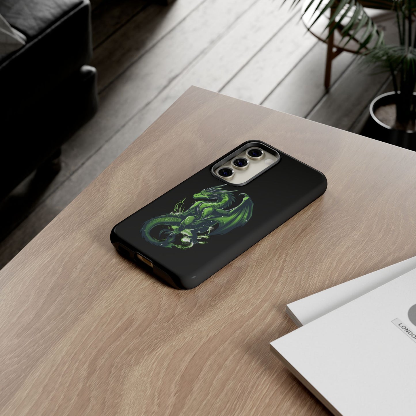 Tough Cases with Green Glowing Dragon design for iPhone, Samsung, and Google