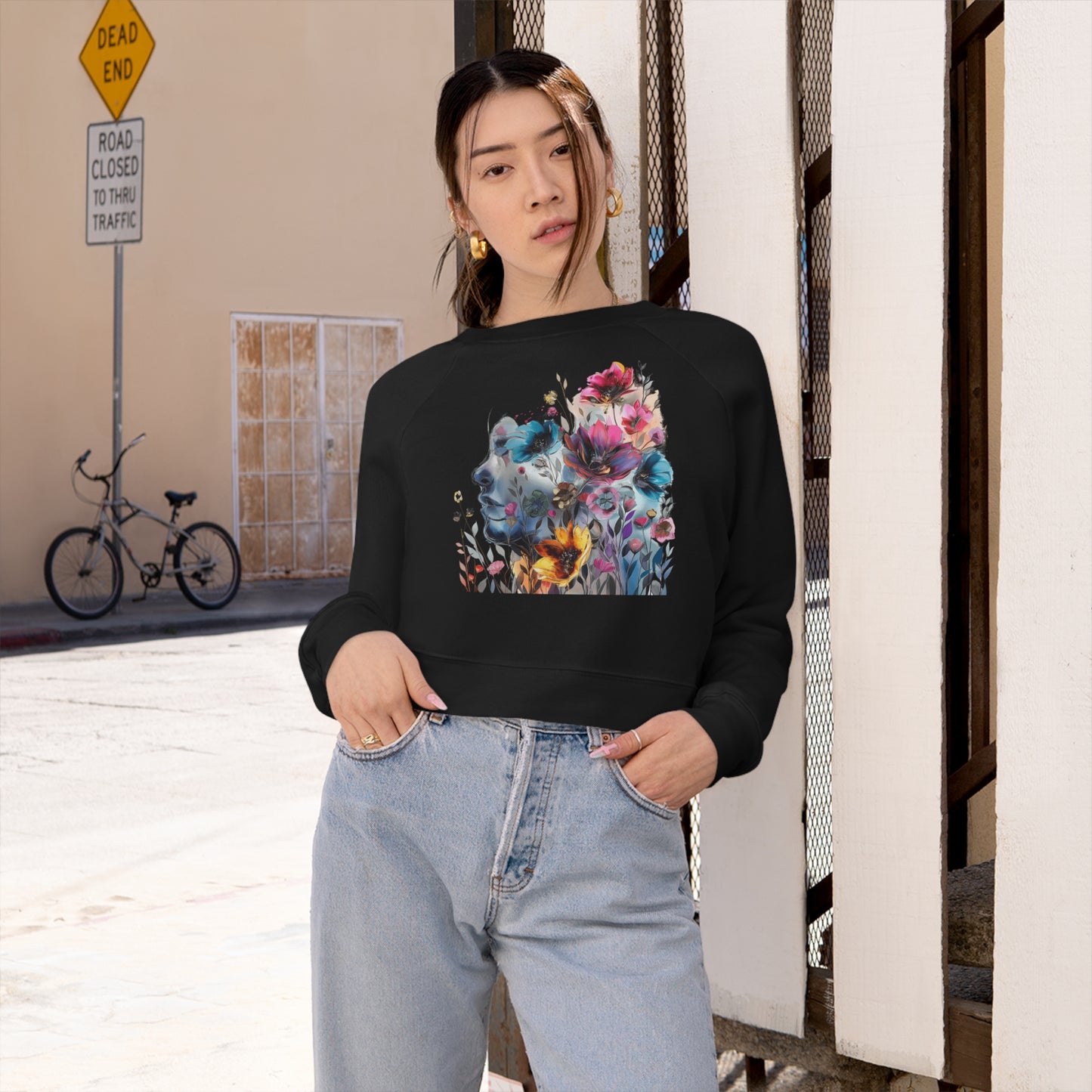 Women's Cropped Fleece Pullover with Floral Watercolor Design - Paraw