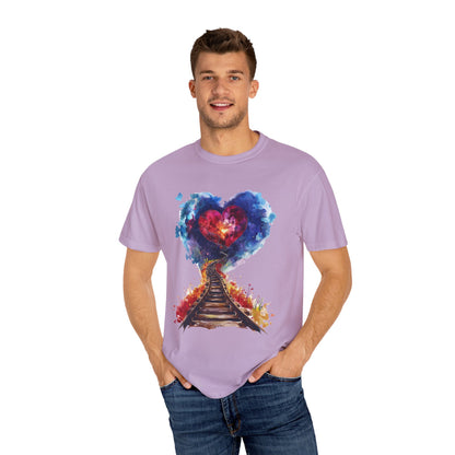 Unisex Garment-Dyed T-shirt - Journey of Heart - Train Tracks Coming out from Heart