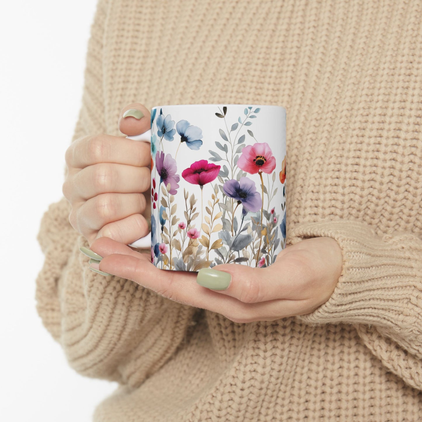 Ceramic Mug with beautiful watercolor flowers, (11oz, 15oz)