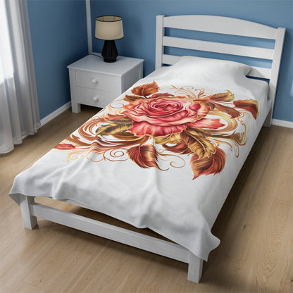 White Velveteen Plush Blanket with beautiful pink rose surrounded by swirling leaves