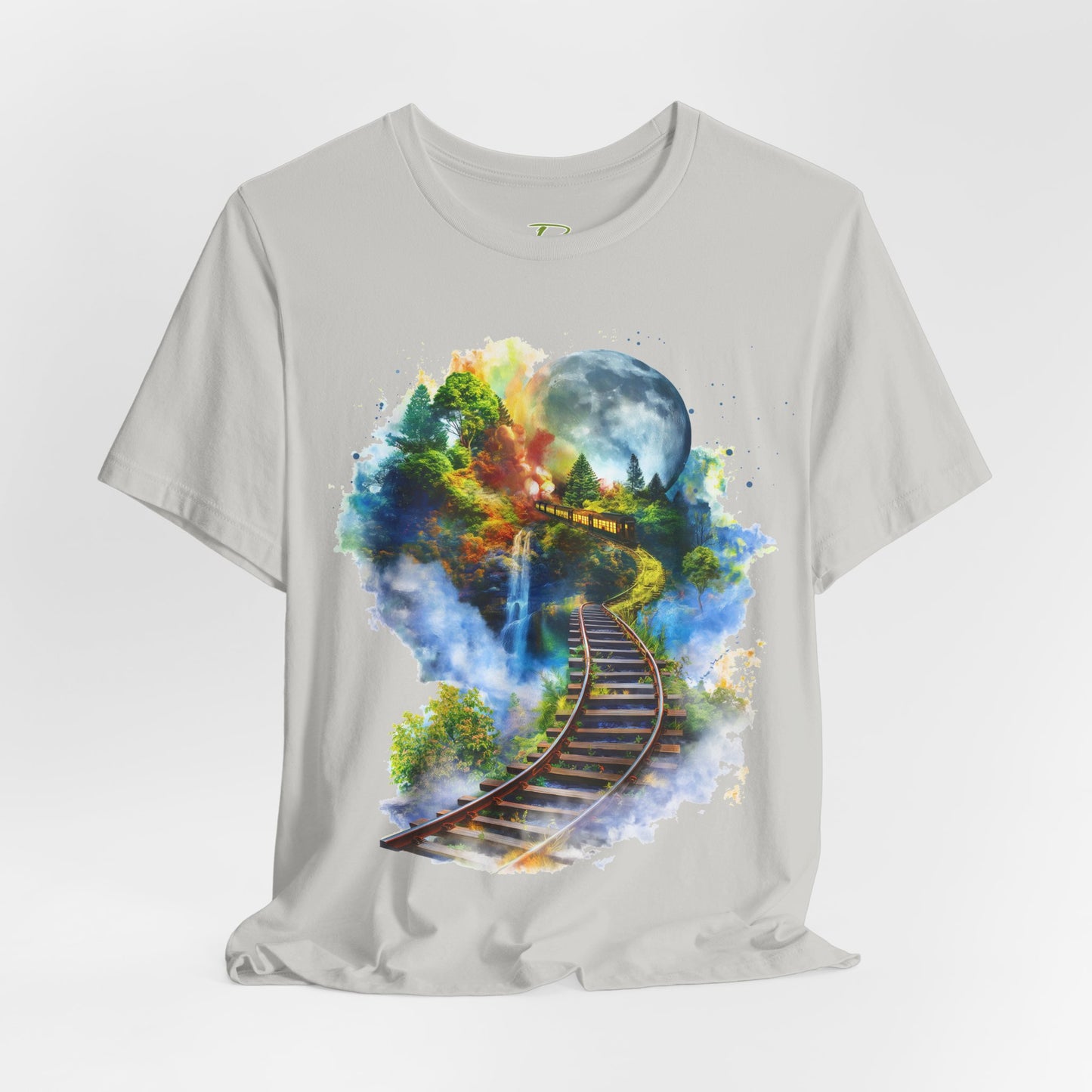 Unisex T-Shirt with 3D Watercolor Train Tracks and Enchanted Forest Design - Lightweight Fabric Tee