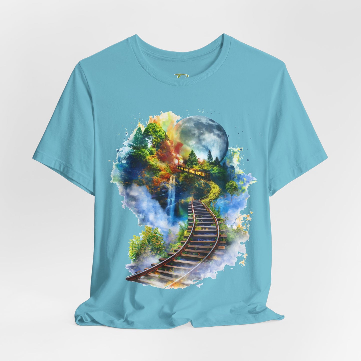 Unisex T-Shirt with 3D Watercolor Train Tracks and Enchanted Forest Design - Lightweight Fabric Tee