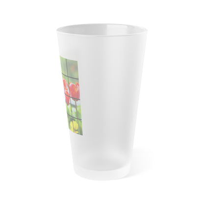 Frosted Pint Glass - Red Tulips and Yellow Flowers Grid Design (16oz)