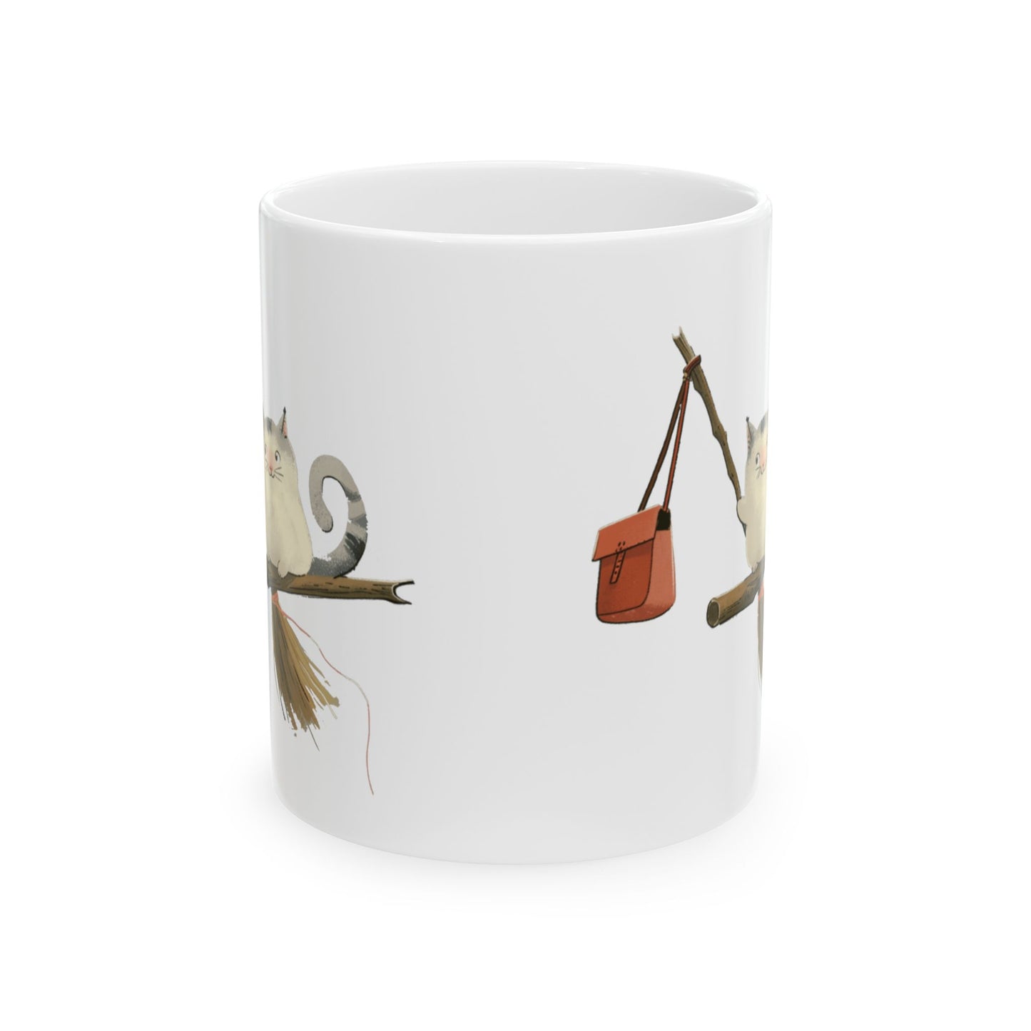 Ceramic Mug - Cute cartoon of a Cat on a witch stick, (11oz, 15oz)