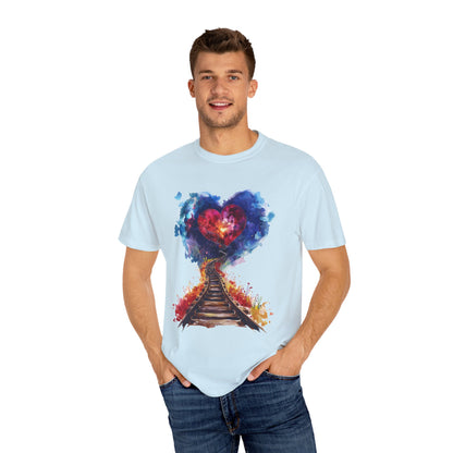 Unisex Garment-Dyed T-shirt - Journey of Heart - Train Tracks Coming out from Heart
