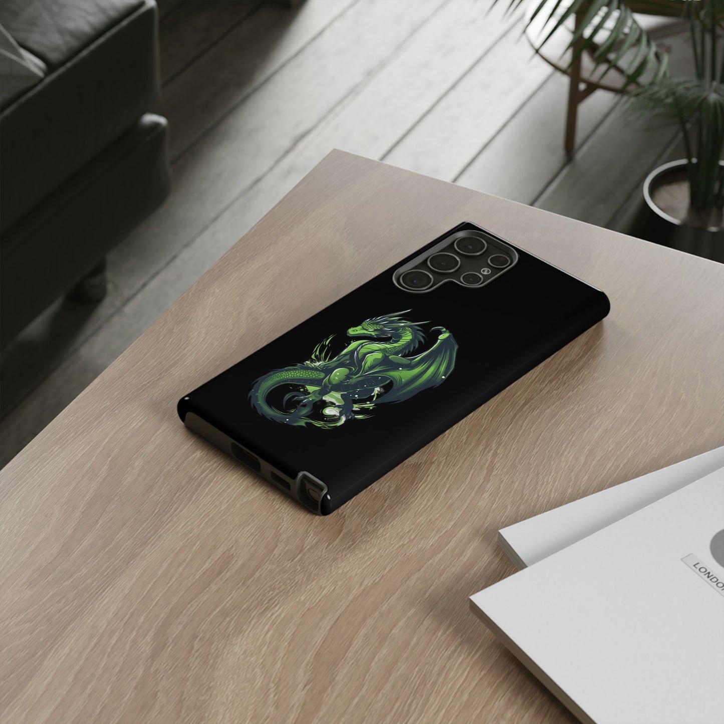 Tough Cases with Green Glowing Dragon design for iPhone, Samsung, and Google